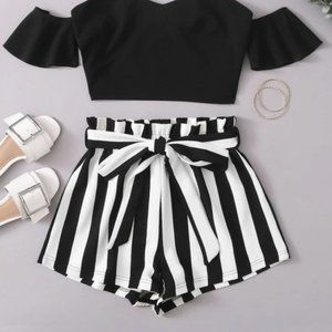 Black & white striped front tie shorts